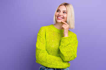 Poster - Photo of dreamy adorable woman dressed knitted sweater finger chin looking empty space isolated violet color background