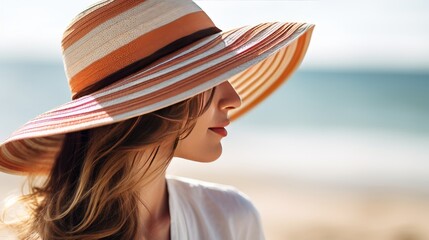 Sticker -  a woman wearing a hat on a beach near the ocean.  generative ai