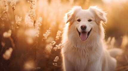 Wall Mural - Portrait of happy dog on the soft light field