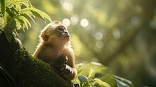  A Monkey Sitting On Top Of A Tree Branch In The Middle Of A Forest With Lots Of Green Leaves And A Bright Light Shining Down On The Top Of The Tree Branches.  Generative Ai
