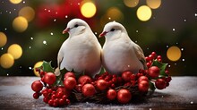  A Couple Of White Birds Sitting On Top Of A Basket Filled With Red Berries And Mist Covered With Christmas Lights In The Background Of A Boke Of Blurry Boke Of Lights.  Generative Ai