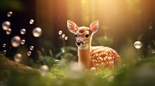 A Close Up Of A Small Deer In A Field Of Grass With Bubbles In The Air And A Sun Shining Down On The Grass And Trees In The Back Ground.  Generative Ai