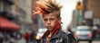 In the city a young boy with punk hairstyle walks confidently down the street exuding an urban attitude influenced by rock and roll reflecting the vibrant lifestyle of the youth and the reb