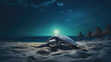  A Turtle Sitting On Top Of A Sandy Beach Under A Sky Filled With Stars And A Full Moon Above A Beach Covered In Sand Huts And Thatched Thatched Thatched Huts.  Generative Ai