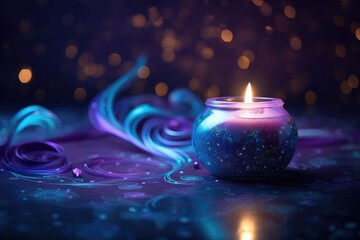 Purple candle burning on dark blue background with soft blurry lights and glittering . Esoteric spiritual practice, magical atmosphere. Advent candle with Season of Hope, All Souls Day