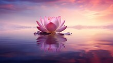 A Large Pink Flower Floating On Top Of A Body Of Water Under A Cloudy Blue And Pink Sky With A Pink And Yellow Sunset In The Middle Of The Background.  Generative Ai