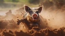  A Pig Is Running Through The Mud In A Field Of Dirt And Dirt With It's Mouth Open And It's Eyes Wide Open And It's Tongue Out.  Generative Ai