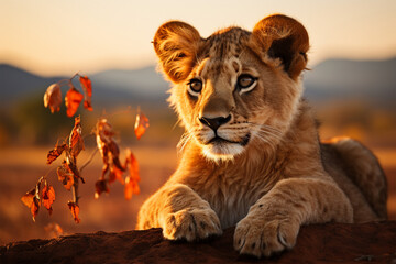 Wall Mural - A young lion cub with a charming gaze