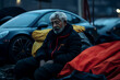 wealth gap - An elderly homeless man sleeps on the street, wrapped in a sleeping bag, with a luxury car parked in the background, highlighting social contrast
