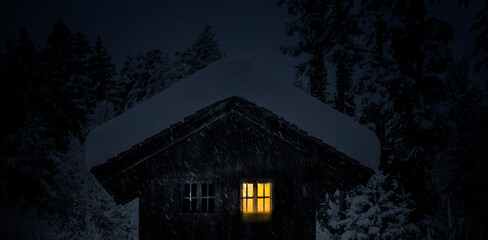 Sticker - Verschneite Berghütte im Winter mit bleuchtetem Fenster