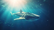  A Whale Swimming In The Ocean With A Light Shining On It's Back And A Bird Perched On Top Of The Whale's Back Of It's Head.  Generative Ai