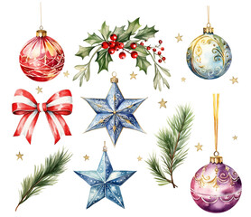 set of christmas balls and stars decorations watercolor vector illustration,set of christmas element