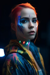 Wall Mural - Portrait of young red hair beautiful woman in futuristic costume with bright neon makeup. Fashion of future concept.