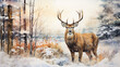 Illustration of a deer in a winter landscape