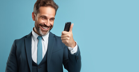 Poster - HAPPY LAUGHING YOUNG MAN TALKING ON MOBILE PHONE. legal AI	