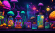 Vibrant landscape with colorful potion bottles filled with pills under a playful sky. Illustration representing hallucinogenic state of mind.