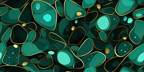 Wall Mural - Abstract organic seamless background pattern. Cool natural shapes in green, gold, turquoise and emerald.