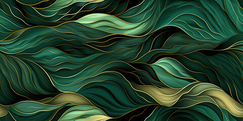 Wall Mural - Organic seamless background pattern. Natural waves in green, gold, turquoise and emerald.