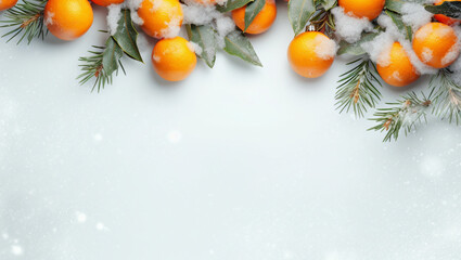 Tangerines on the snow with green leaves. Winter background, with New Year's mood.