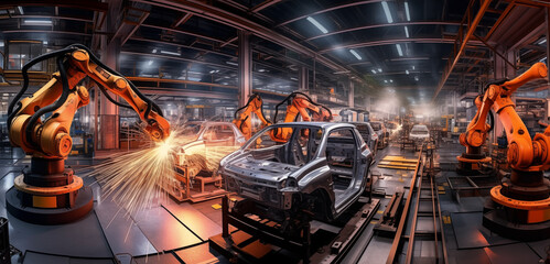 Wall Mural - modern manufacturing, featuring a group of industrial robotic arms in mid-operation.