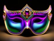 purple and green venetian mask with gold trimmings and crystals