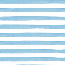 Hand Drawn Striped Seamless Watercolor Pattern, Blue Stripes On A White Background, Childish Bright Brush Strokes With A Nautical Theme.