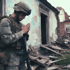 people pray in the middle of a destroyed building. war background