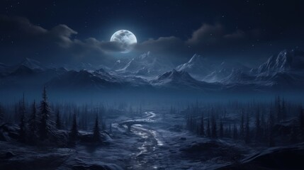 Beautiful view of the winter, dark valley, majestic and mysterious, game art