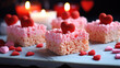 Cute valentines day rice krispy treat cookies. Delicious sweet rice crispy crunchy candy bars, holiday romantic dessert.