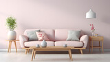 Fototapeta  - Scandinavian style interior with sofa and coffe table. Empty minimalist interior with pink pastel 
colors 
