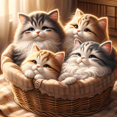 A delightful image depicting four cute cats nestled together in a basket. The cats, each with unique and fluffy fur, are cozily snuggled up, creating