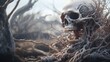 Human skeleton skull devoured by carnivorous haunted forest tree roots, brutal slow death, bone remnants, fantasy dark art. 