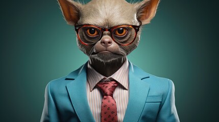 Poster -  a cat wearing glasses and a suit with a red tie and red glasses on it's head, standing in front of a green background.  generative ai