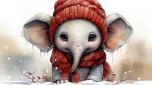 Illustration Of Baby Elephant With Red Wool Cap And Scarf. Snow In Winter. Generated With Ia