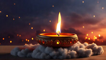 Burning Diwali Diya And Burning Candle On Top Of Cloud