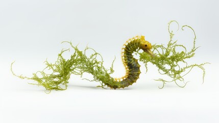 Wall Mural -  a sea horse is covered in seaweed on a white background in this image is a close up of the sea horse's tail.  generative ai