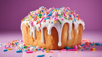 Sticker -  a bundt cake with white icing and sprinkles on a purple background with colorful sprinkles.  generative ai