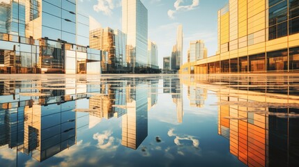 Poster -  a large body of water in front of a tall building with a lot of windows on each side of it.  generative ai