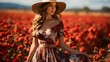 A beautiful model standing in a field of roses.