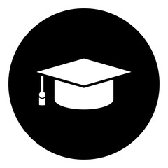 Poster - A square academic cap symbol in the center. Isolated white symbol in black circle. Vector illustration on white background