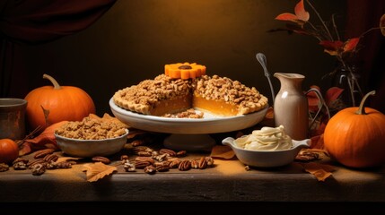 Sticker -  a table topped with a pie covered in toppings next to a bowl of ice cream and a vase filled with pumpkins.  generative ai