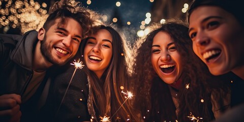 Friends celebrate Christmas or New Years party with sparklers. Group of happy people enjoying party with fireworks. Winter holiday, youth, lifestyle concept.