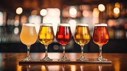  five different types of beer are lined up in a row in a row on a table in front of a bar.  generative ai