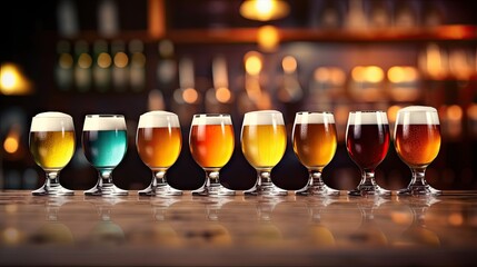 Wall Mural -  a row of glasses filled with different types of beer on top of a wooden table in front of a bar.  generative ai