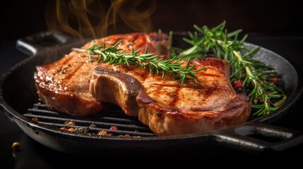 Wall Mural -  a close up of a steak on a grill with a sprig of rosemary on top of the steak.  generative ai