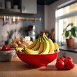 Bananas in a red bowl on kitchen counter, with tomatoes in focus, kitchen and a plant in background