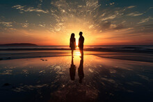 Romantic Beach Sunset Silhouette. A Couple In Perfect Harmony Against The Idyllic Seascape, A Peaceful And Intimate Moment By The Ocean At Dusk.