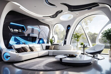 Modern And Futuristic Interior Smart Home Luxurious Living Room With Awesome Decoration