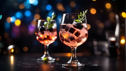 Cocktail filled glass celebration ambience atmosphere on the table with black bokeh lights background, copy space