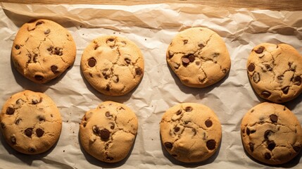 Poster -  a bunch of chocolate chip cookies sitting on top of a piece of wax paper on top of a wooden table.  generative ai